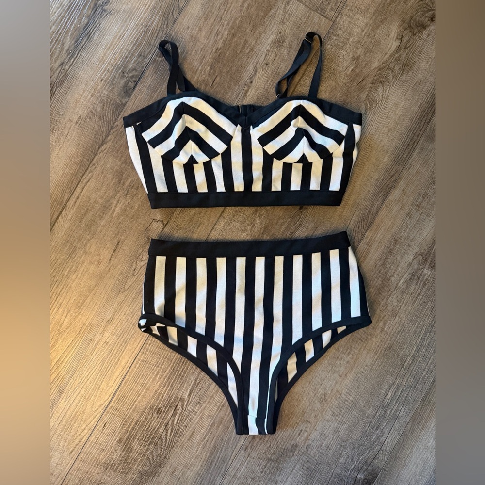 Fashion Nova Black and White Striped High-Waist Bikini Set